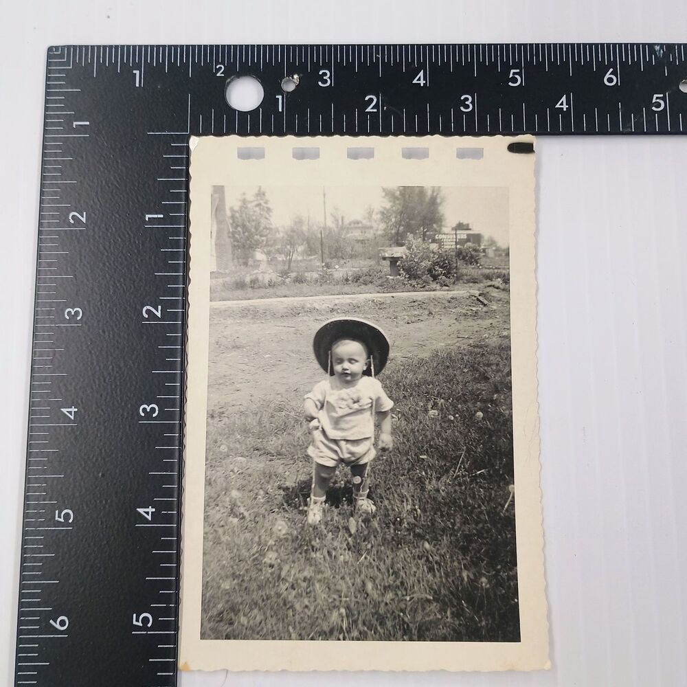 Baby Toddler Portrait 1953 Snapshot Photograph Freddie Outdoors Hat